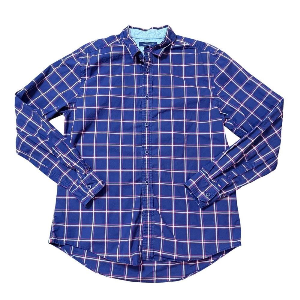 Tommy Hilfiger Custom Fit Blue Red Plaid Button Down Shirt Mens Large